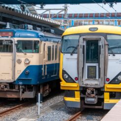 2009-09-13-11-56-28立山駅に停車中の特急と普通電車<br>外房線で鴨川を経由し内房線と東京湾フェリーを回った