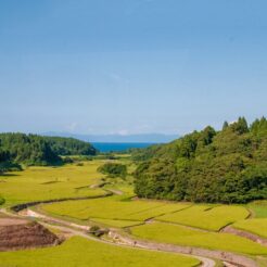 2012-08-18-14-54-50 男鹿半島 寒風山からの田んぼ<br>盛岡でご飯を食べて小岩井農場に寄ったあと秋田に泊まり男鹿半島を周遊、最終日は角館に寄った