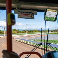 2015-05-02-15;280009三崎のキャベツ畑を走るバス<br>バスで三崎の毘沙門天、キャベツ畑を巡る