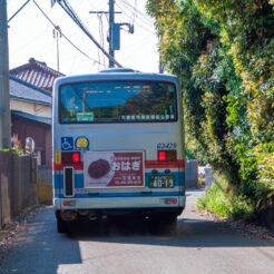 2015-05-02-15;420011岬の狭隘区間を走るバス<br>バスで三崎の毘沙門天、キャベツ畑を巡る